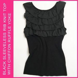 NWT Black Sleeveless Rib Knit Top With Chiffon Ruffle Yoke Size M